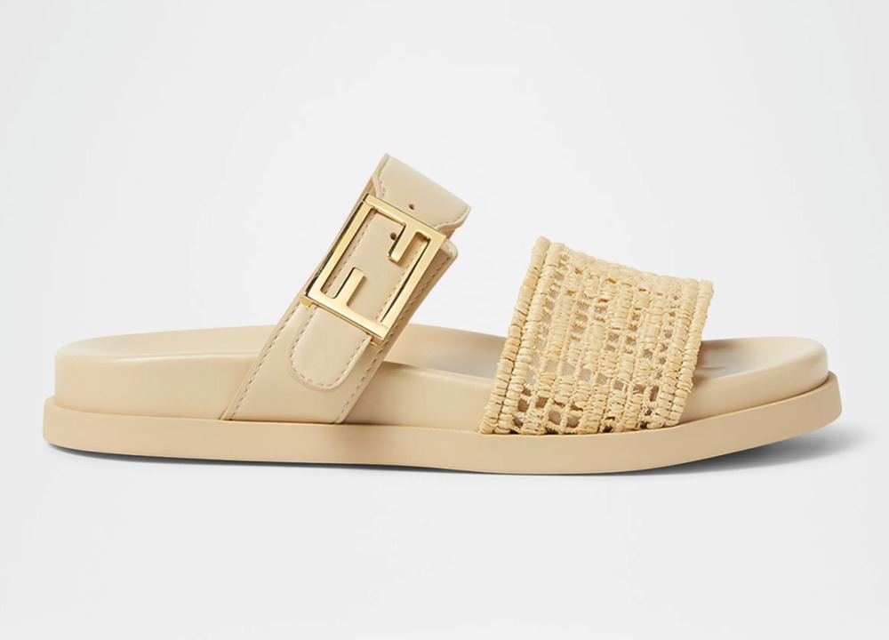 Fendi Raffia Nude Beige Leather Dual Strap FF Logo Mule Flat Slide Sandal 38.5